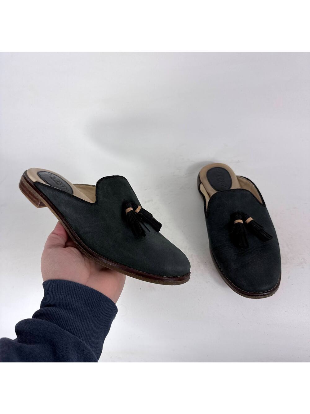 Sperry Seaport Levy Loafer Women's 7 Black Leather Tasseled Mule Block Heel